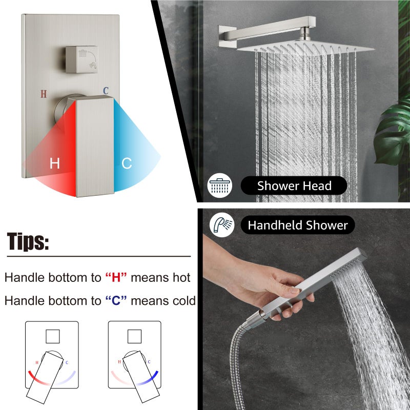 Midanya Shower Faucet Set,Wall Mount Shower System with Square Rain Shower Head and Hand Sprayer, Rough-in Valve Body and Trim Kit Included,10 Inch,Brushed Nickel - Image 4